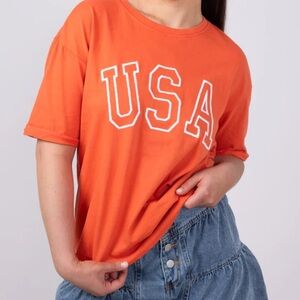 NWT Top Tee Tshirt Orange Embroidered USA Graphic L M 100% Cotton Fall Pumpkin